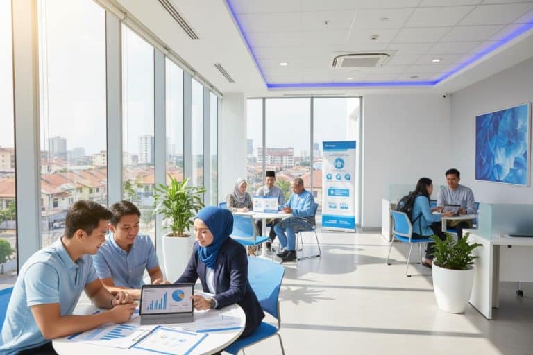 7 Types of Home Financing in Malaysia You Need to Know 3 Modern office with diverse professionals collaborating on laptops near large windows.