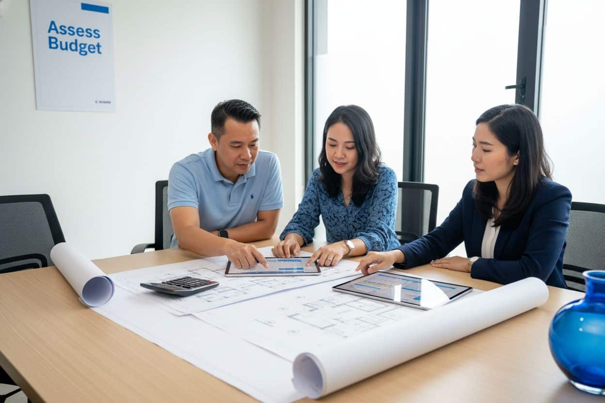 Three colleagues analyzing budget plans with a tablet in an office setting.