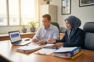 Two colleagues discussing loan application process at office desk with laptop and documents.