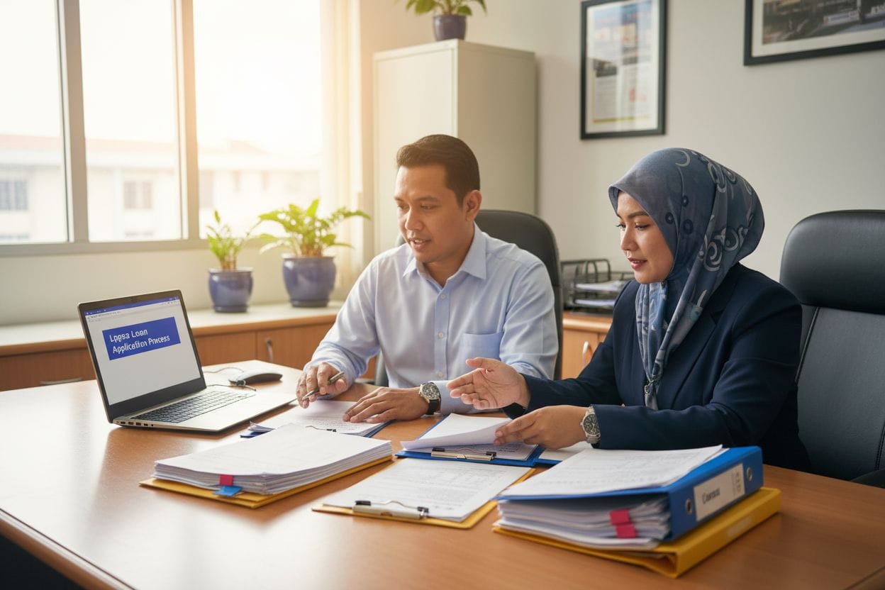 Two colleagues discussing loan application process at office desk with laptop and documents.