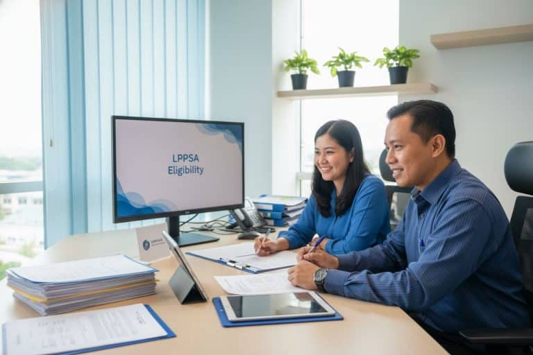 Understanding What is LPPSA Eligibility and Its Importance 1 Two professionals discussing LPPSA eligibility in a bright office, with documents and a screen display visible.
