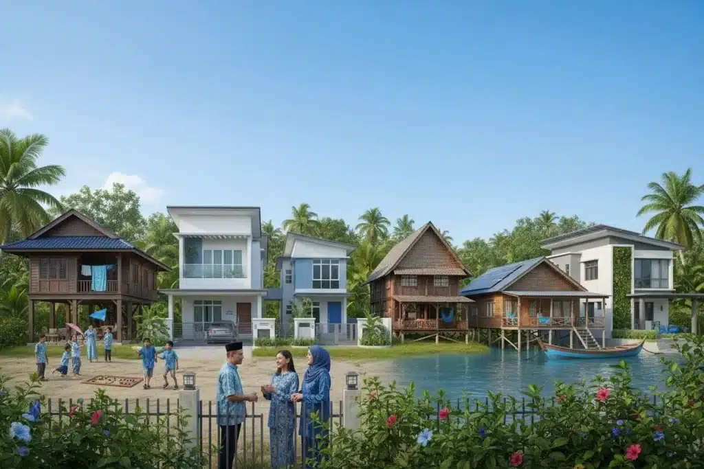 8 Rahsia Konkrit yang Pemaju & Kontraktor Perlu Tahu Sebelum Bina Rumah — Elak Denda, Jimat Kos & Lulus Cepat! 6 Traditional and modern houses by the water with people in cultural attire, surrounded by lush greenery.