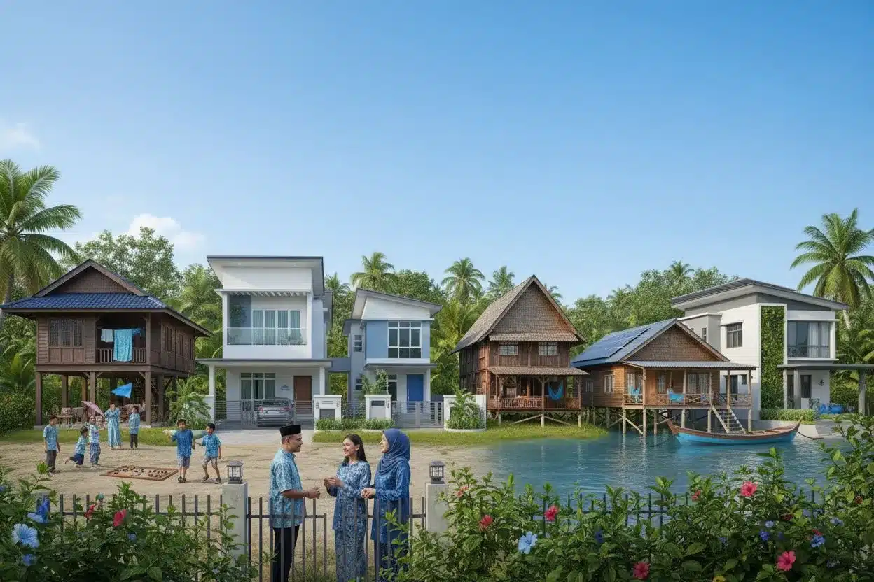 Traditional and modern houses by the water with people in cultural attire, surrounded by lush greenery.