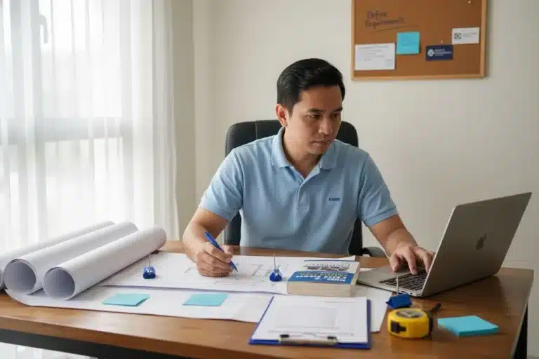 How to Choose Contractors: A Step-by-Step Guide 1 Man working at desk with laptop and architectural plans in a bright office setting.
