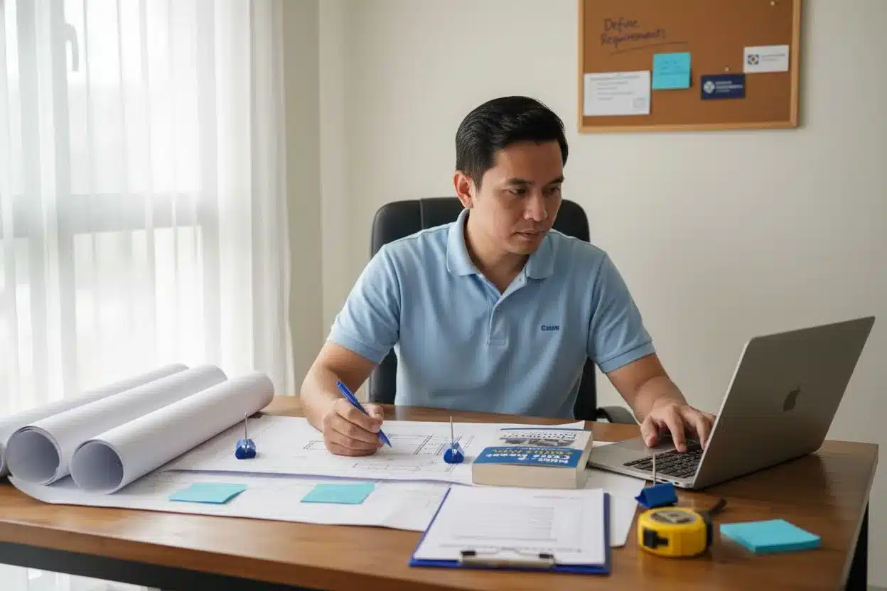 Man working at desk with laptop and architectural plans in a bright office setting.