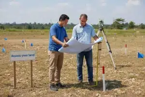 Two men assessing land with blueprints and survey equipment in a field marked by blue flags.