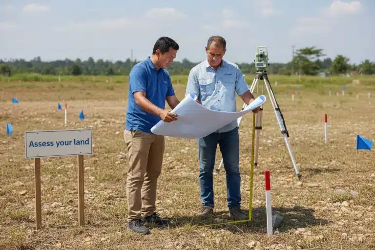 How to Build Your Own Home: A Step-by-Step Guide 1 Two men assessing land with blueprints and survey equipment in a field marked by blue flags.