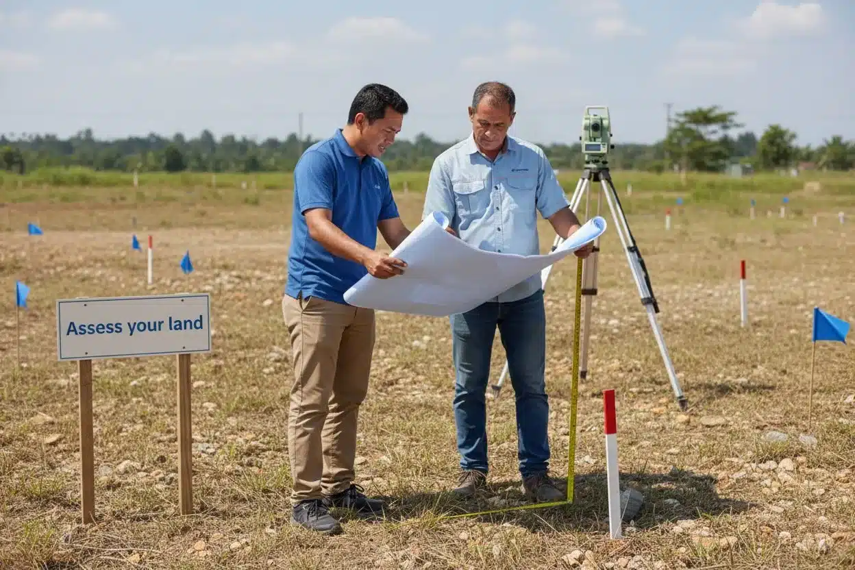 Two men assessing land with blueprints and survey equipment in a field marked by blue flags.