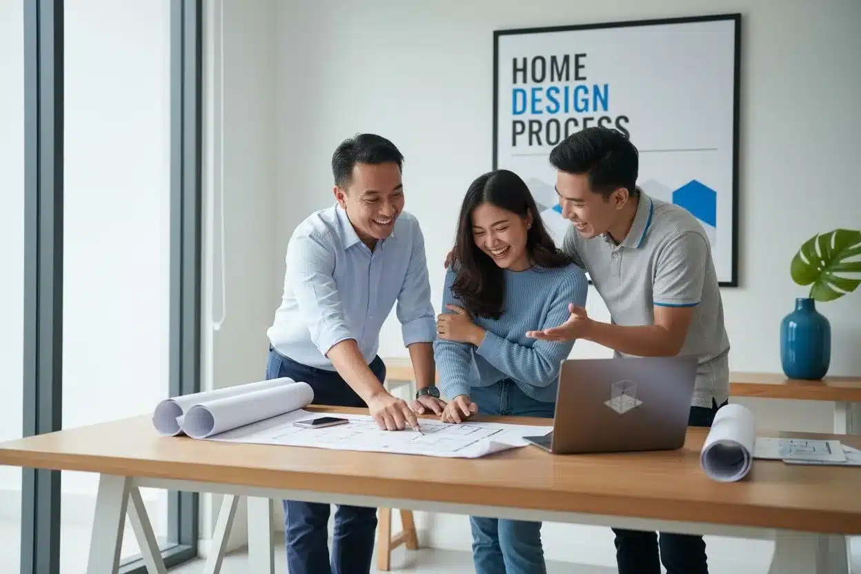 Team collaborating on home design project, smiling and discussing plans over blueprints at a modern office table.