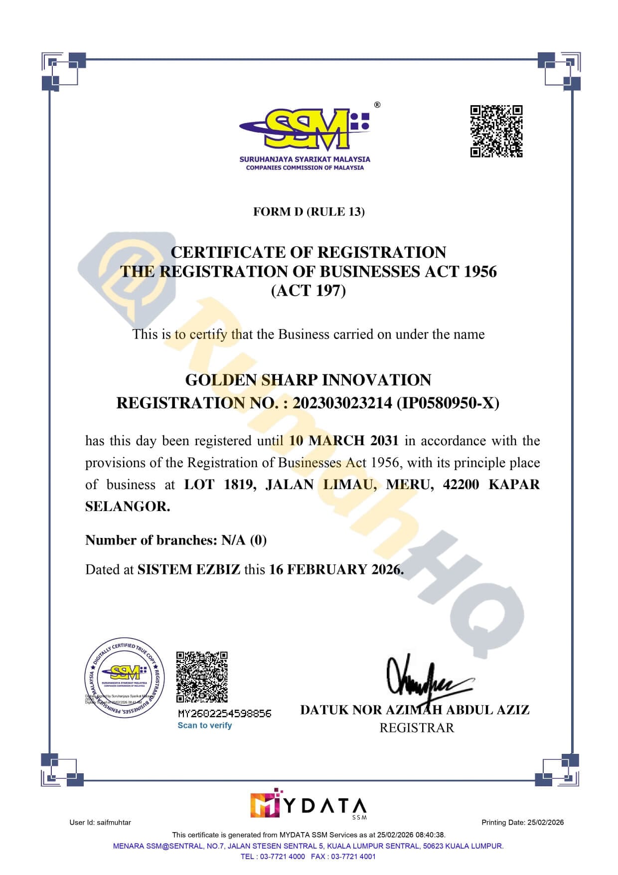 Syarikat 2 Sijil CIDB Gred G4 RumahHQ Development Sdn Bhd