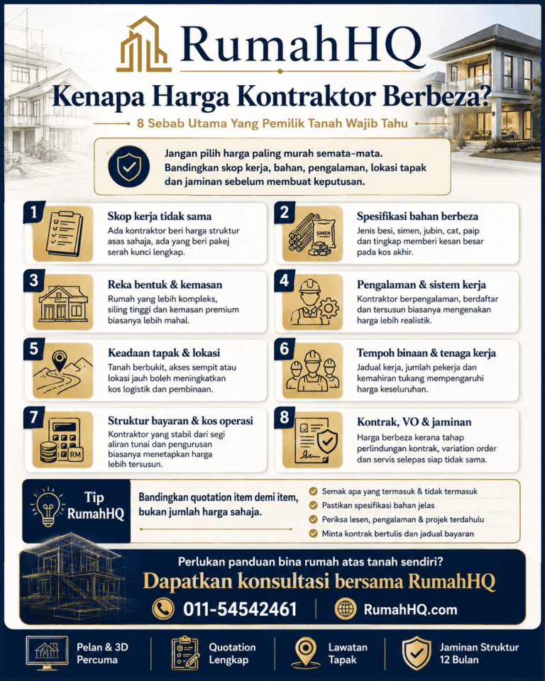 Harga Kontraktor Bina Rumah Tak Sama? Ini 8 Punca Sebenar Yang Ramai Pemilik Tanah Terlepas Pandang! 21 Harga Kontraktor Bina Rumah Tak Sama Ini 8 Punca Sebenar Yang Ramai Pemilik Tanah Terlepas Pandang